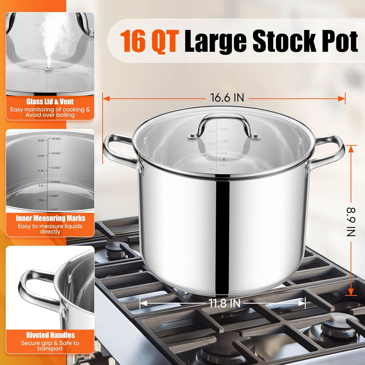 E-far 16 Quart Stainless Steel Stock Pot, Large Heavy Duty Induction Stockpot with Glass Lid for Cooking Soup Canning, Thick Tri-Ply Bottom & Riveted Handle, Compatible with All Stove, Dishwasher Safe