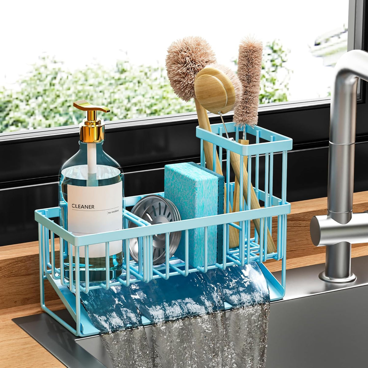 Cisily Blue Kitchen Sink Caddy Organzier with High Brush Holder, Sponge Holder for Sink, 304 Rustproof Stainless, Kitchen Countertop Soap Dispenser Organizer, Home Decor and Accessories