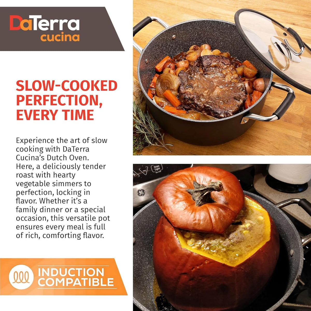 DaTerra Cucina - 8 Qt Nonstick Ceramic Dutch Oven with Lid – Large Stock Pot, Oven & Induction Safe, Heavy Duty, Lightweight, Lead & PFOA Free, Volcanic Black | Made in Italy