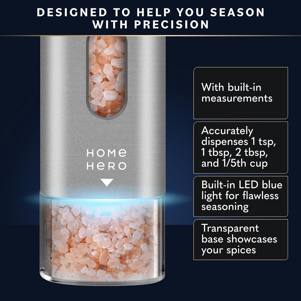 Home Hero Electric Salt and Pepper Grinder Set - Automatic Salt and Pepper Grinder Set Rechargeable. Electronic Salt and Pepper Shakers with LED Light, Electric Pepper & Salt Grinder, Set of 2