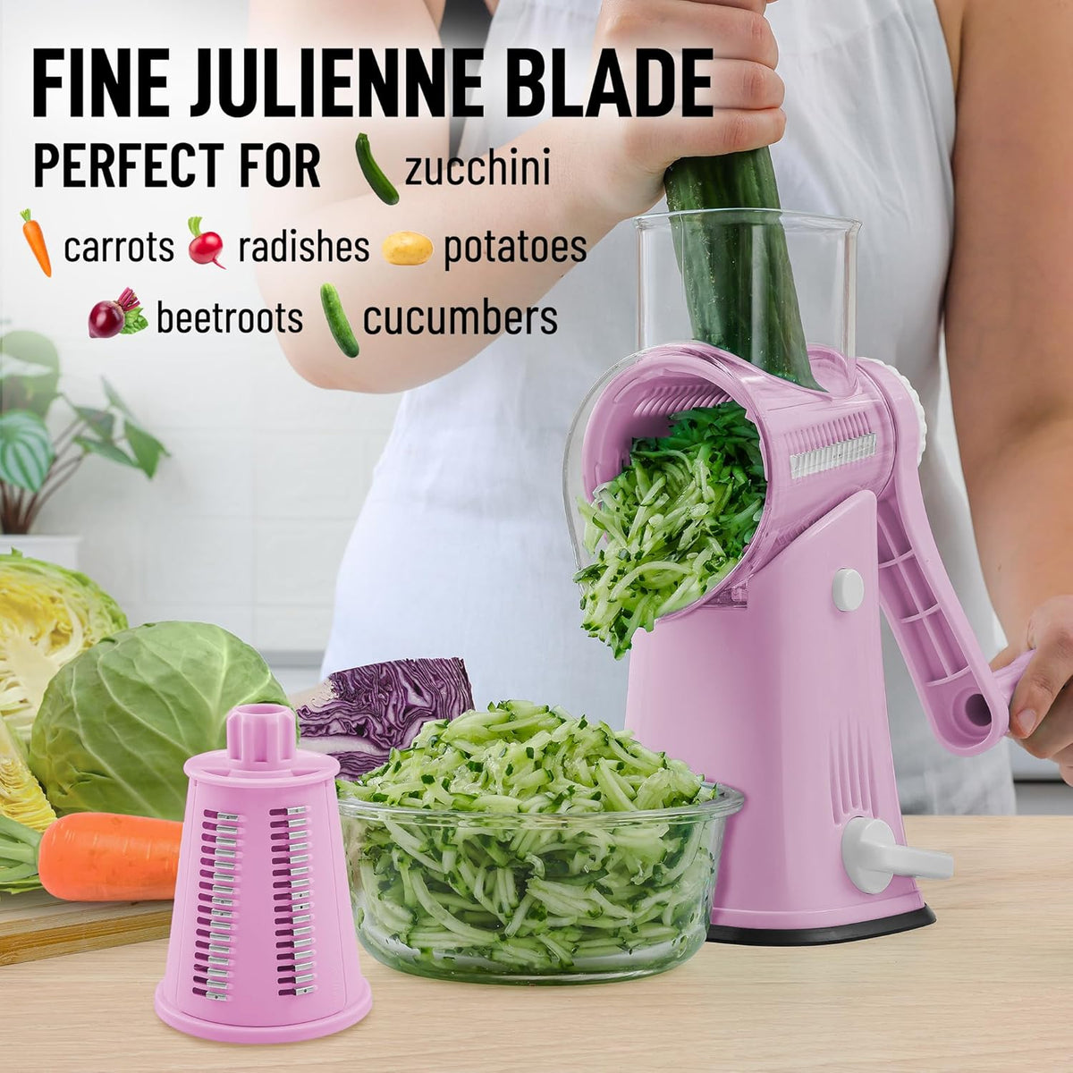 Zulay Kitchen Rotary Cheese Grater 5 Blade Cheese Shredder - Manual Hand Crank Cheese Grater With Reinforced Suction & 5 Interchangeable Drums - Easy to Use, Vegetable Chopper Round Mandoline Slicer