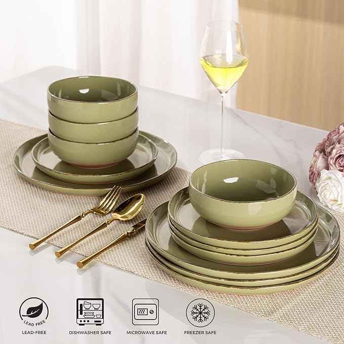 AmorArc Ceramic Dinnerware Sets for 4, 12 Pieces Handpainted Plates and Bowls Set with Rustic Terracotta Underside, Scratch Resistant Stoneware Dishes Set, Dishwasher & Microwave Safe, Olive Green