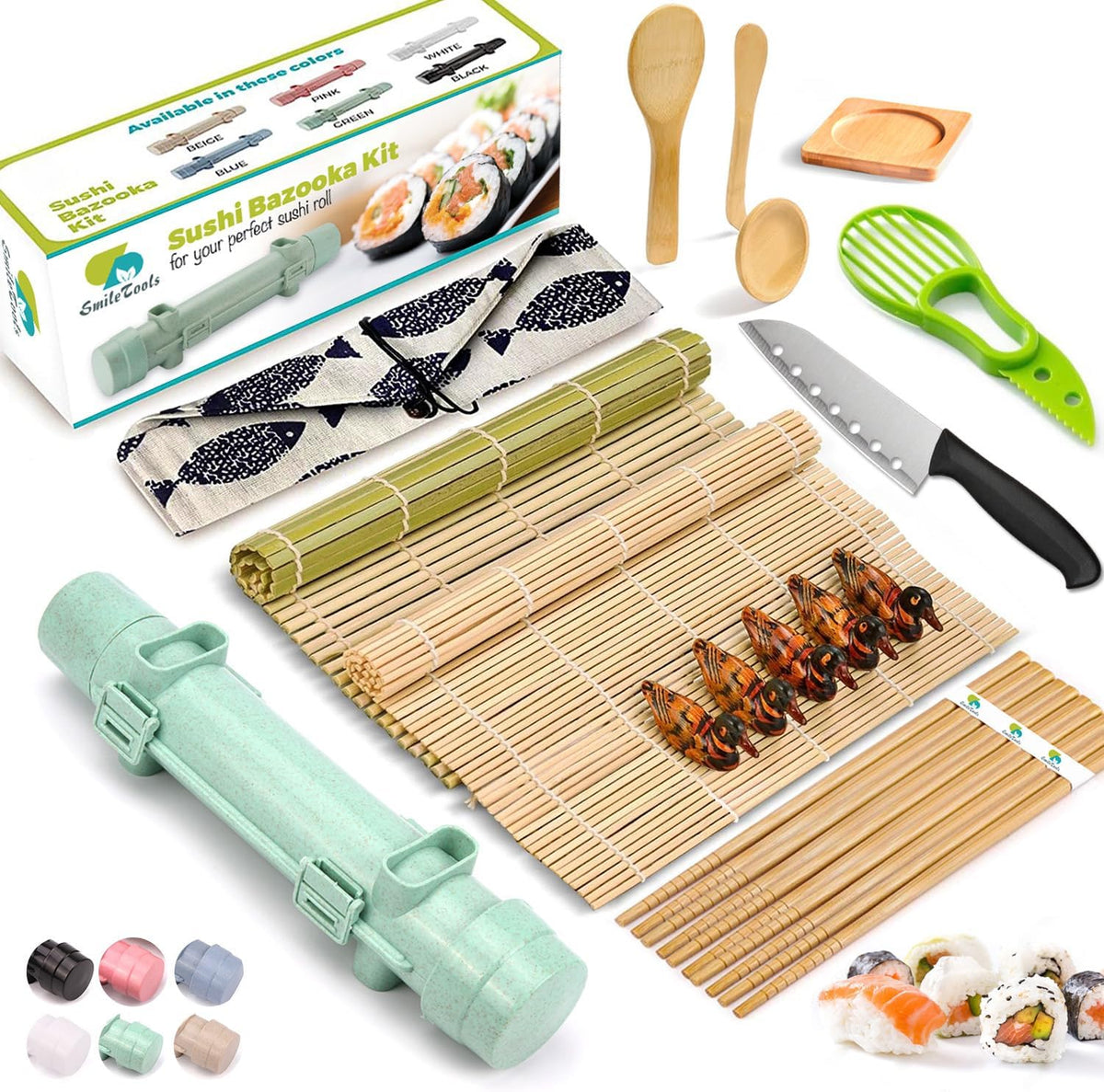 Sushi Making Kit, 22 in 1 Sushi Roller Sushi Maker Kit with Bamboo Sushi Rolling Mats, Bazooka, Chef's Knife, Chopsticks, Sauce Dishes, Rice Spreader, Avocado Slicer, Guide Book