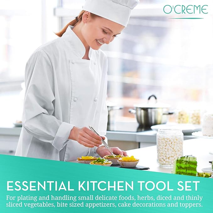 O'Creme Stainless Steel Precision Kitchen Culinary Fine-Tip Tweezer Tongs, 1 Curved and 1 Straight