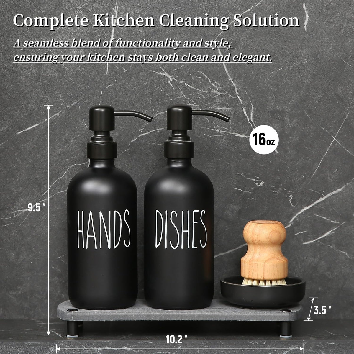 MOMEEMO Matte Black Soap Dispenser Set Comes with Stainless Steel Pumps, Instant Dry Tray, and Dish Scrub Brush, Suitable for Matte Black Kitchen Accessories. (Black)