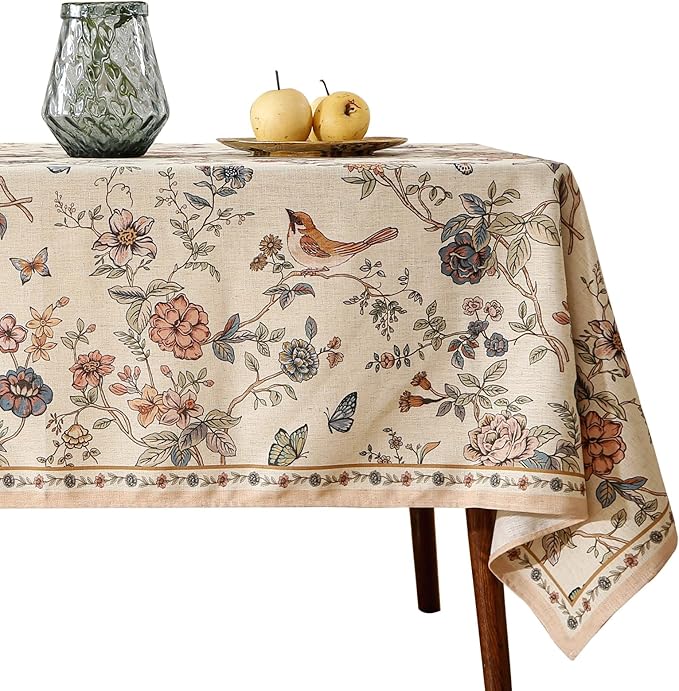 ISAENNE Designer French Light Beige Small Square Tablecloth,Linen Florals and Birds Pattern Table Cloth,Anti-Wrinkle Decorative Tablecloths for Dining Thanksgiving Kitchen,55"*55"-Cornucopia