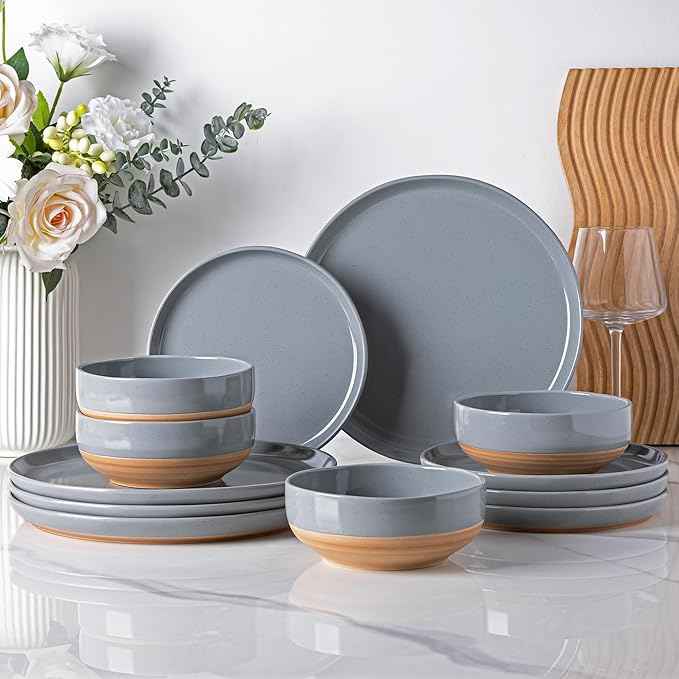 AmorArc Ceramic Dinnerware Sets for 4, 12 Pieces Handpainted Plates and Bowls Set with Rustic Terracotta Underside, Scratch Resistant Stoneware Dishes Set, Dishwasher & Microwave Safe, Gray