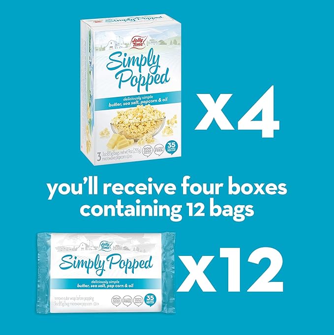 Jolly Time Simply Popped - Lightly Salted Microwave Popcorn, 3oz Sharing Bag, 3 Bags Per Carton (Simply Popped Butter, 3 Ounce (Pack of 12))