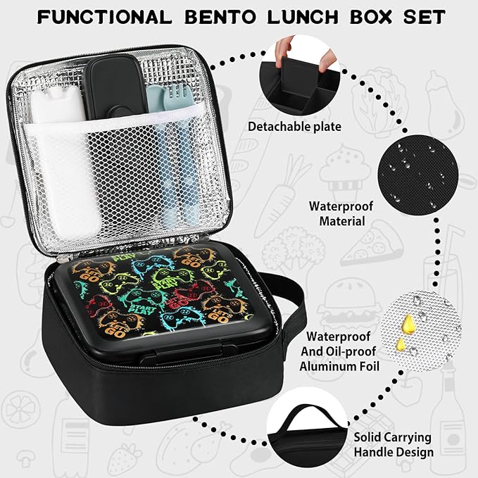 Bento Lunch Box for Kids With 8oz Soup thermo,Leak-proof Lunch Containers with 5 Compartment,thermo Food Jar and Lunch Bag, Food Containers for School (A-Black(Game Consoley))