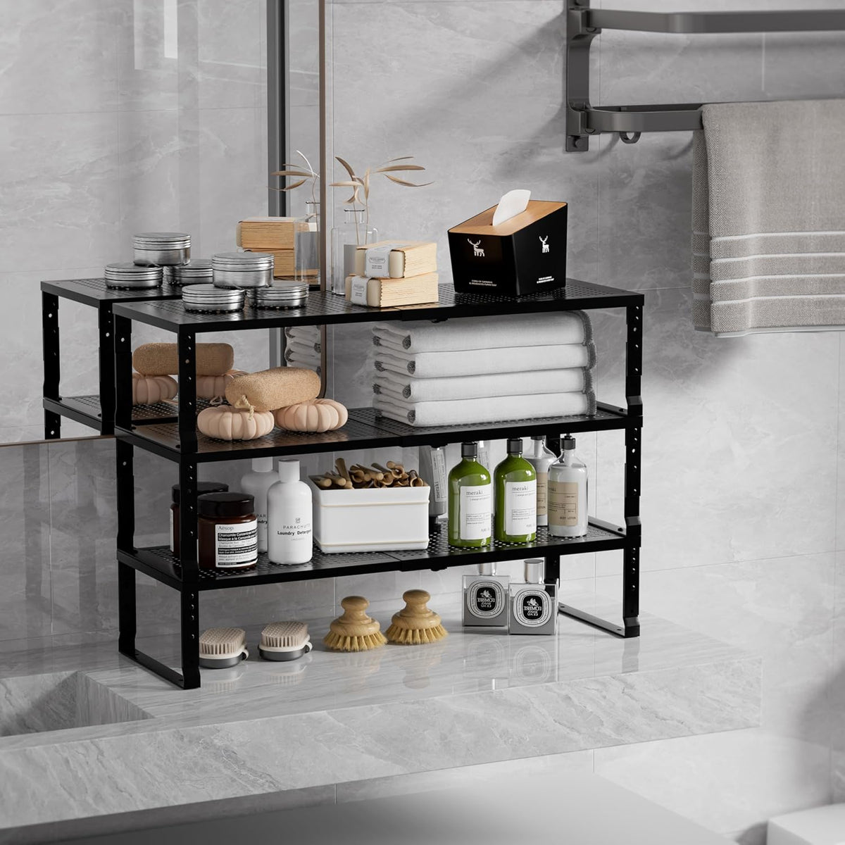 Expandable Spice Rack & Kitchen Cabinet Organizer - Stackable, Adjustable Shelves for Cabinets, Countertops, Cupboards & Pantries(3 Packs/Large/Black)