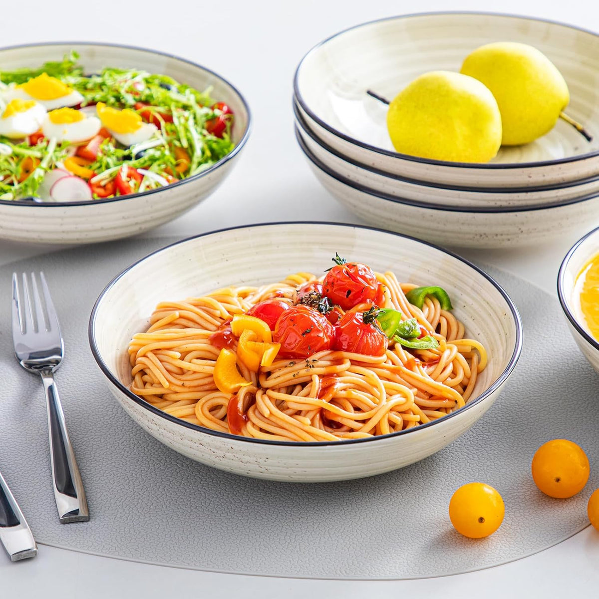 vancasso Bonbon Pasta Bowls Set of 6, 38 Oz Ceramic Salad Bowls, Wide and Shallow Bowls Set, Large Serving Bowls for Kitchen, Beige