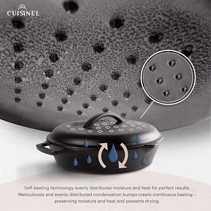Cuisinel Cast Iron Lid - Fits 10"-Inch Lodge Skillet Frying Pans or Braiser + Silicone Handle Holder + Care Guide - 25.4-cm Pre-Seasoned Universal Replacement Cover - Indoor/Outdoor, Fire, BBQ Safe