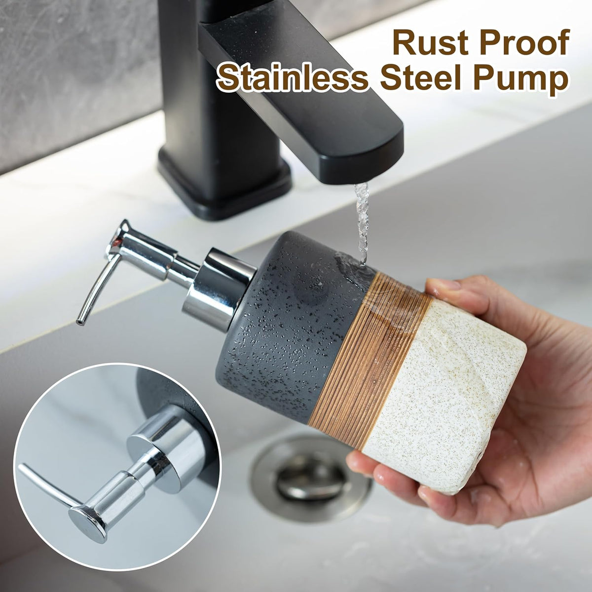Ceramic Dish Soap Dispensers Set(2 Pack), Hand, Dish, Shower Soap Dispenser for Kitchen Sink & Bathroom, Includes Stainless Steel Pump, Silicone Funnel & Diatomaceous Holder, Black