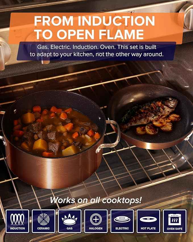 Nuwave Healthy G11-Pots and Pans Set Non Stick, 9H Near-Diamond Hardness Scratch-Resistant, Works on All Stovetops, PFAS Free, with Frying Pans, Saucepans & Glass Lids, Stay-Cool Handles, Copper