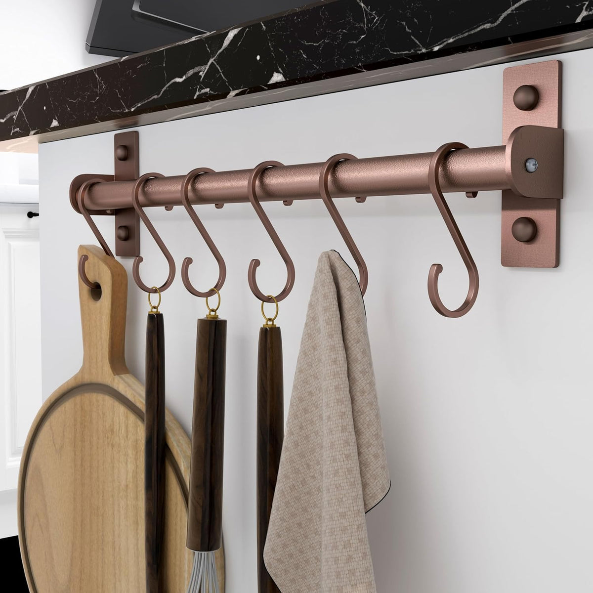 Dseap Kitchen Utensil Holder Hanger, Pot and Pan Rack Wall Mounted, Kitchen Rail with 8 Hooks for Hanging Cooking Utensils, Mugs, Spoons, Wall Mounted, Antique Copper