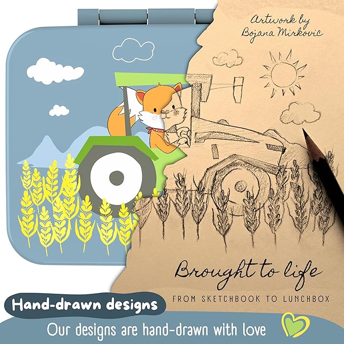 BEARFOOT Kids Lunch Box with Compartments – Compact & Lightweight | Leak-Proof, BPA-Free, Dishwasher & Microwave Safe | Hand-Drawn Design for Preschool, School, Travel (Tractor Fox Blue, 2.75 Cups)
