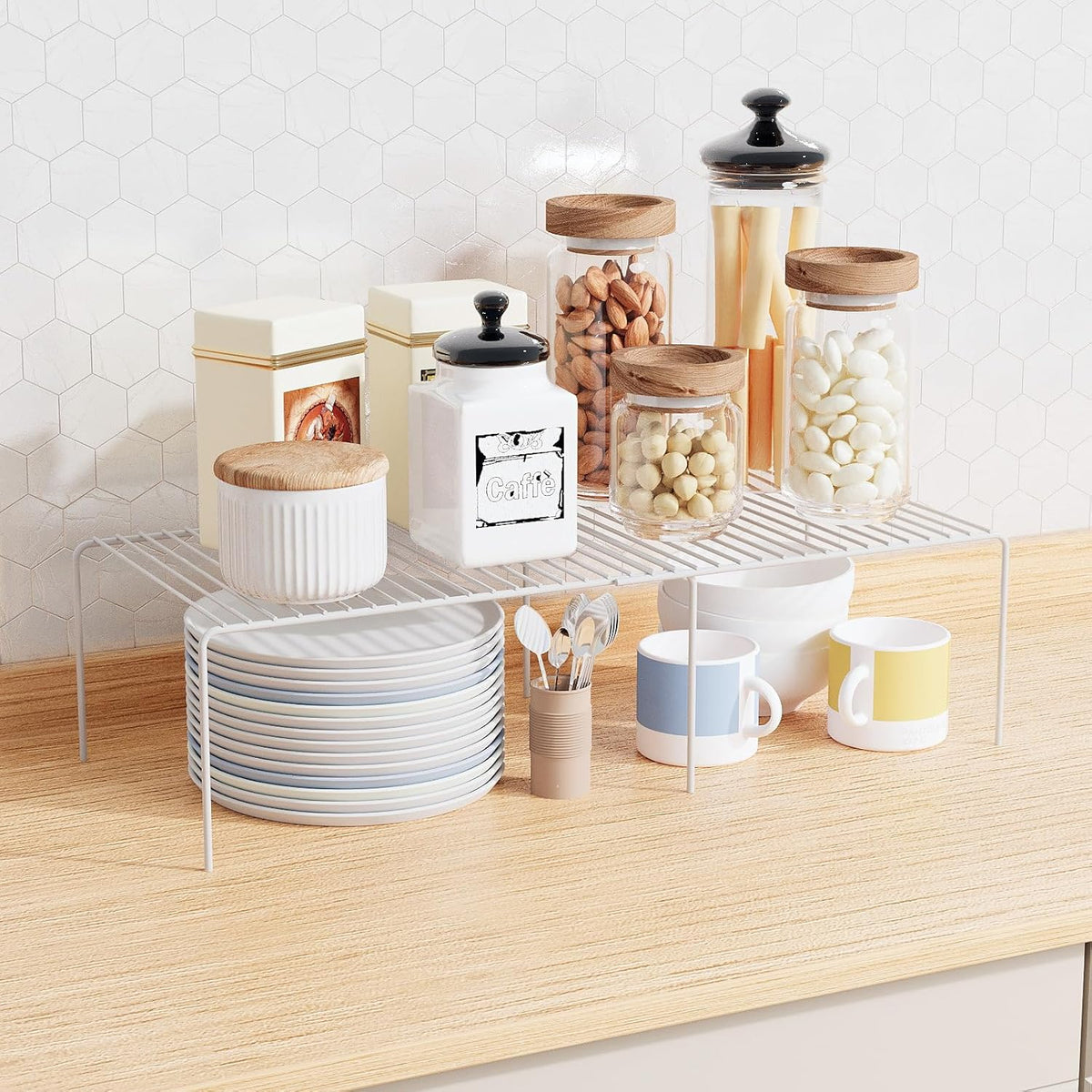 Expandable Storage Shelf, Pantry Organizers and Storage, Adjustable Rustproof Metal Wire Spice Rack, Space Saver Kitchen Storage Shelves for Pan, Pot, Countertop, Drawer, Fridge, Set of 6, White