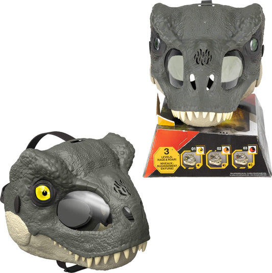 Mattel Jurassic World Rebirth T-Rex Rage N Roar Mask with LED Light Up Eyes, Blink Action with 3 Level Aggression Effect, Dinosaur Costume Headgear Toy
