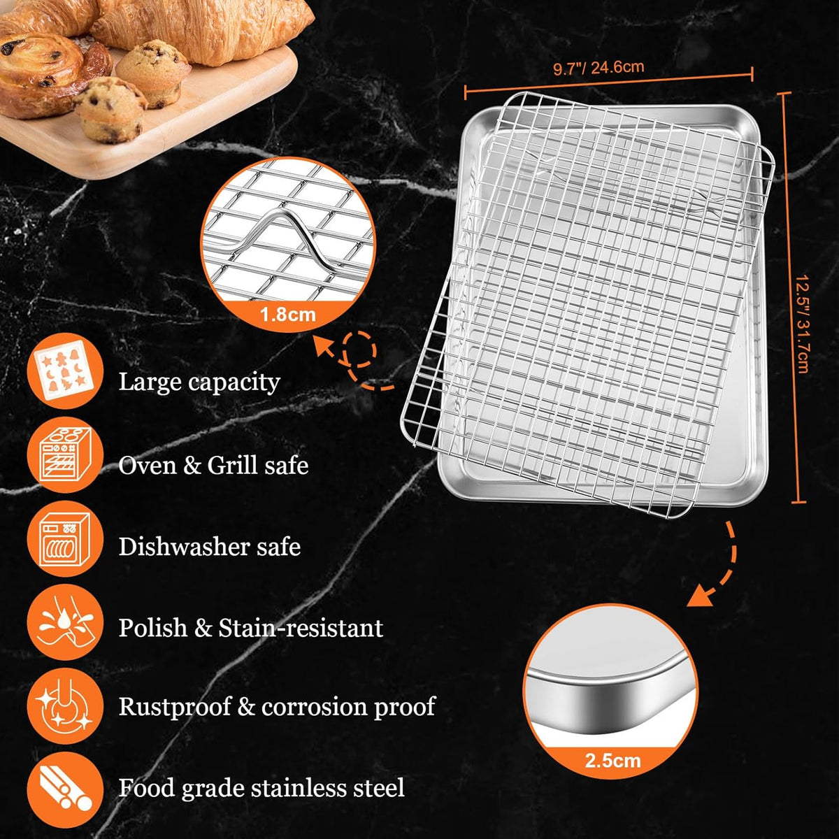 Quarter Sheet Pan with Cooling Rack, Leonyo 1/4 Cookie Sheets for Baking, Wire Rack for Cooking, Nonstick & Stainless Steel Baking Tray for Toaster Oven, Bacon - Size 12.5"x 9.7", 2 Trays + 2 Racks