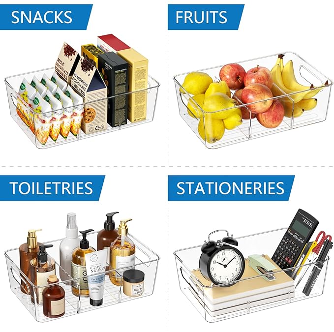 6 Pack Pantry Organizers and Storage,Clear Plastic Containers with 2 Dividers for Kitchen,Fridge Organization and Storage,Acrylic Bins for Pounches,Spice Packet,Snack organzier