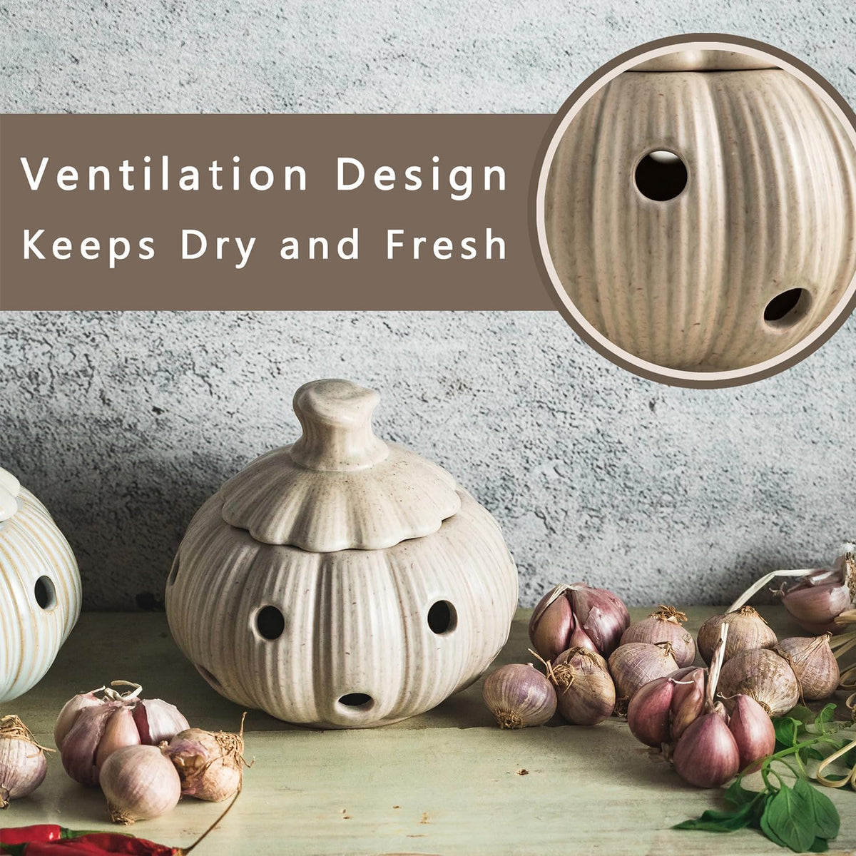 Ceramic Garlic Keeper for Counter, Garlic Holder with Lid and Holes Large Garlic Saver and Storage Cute Kitche Gadget, Yellow