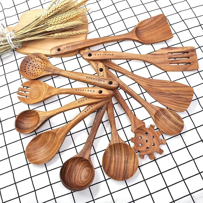 11 Pcs Wooden Kitchen Utensils Set - Wooden Spoons, Spatulas and More for Cooking