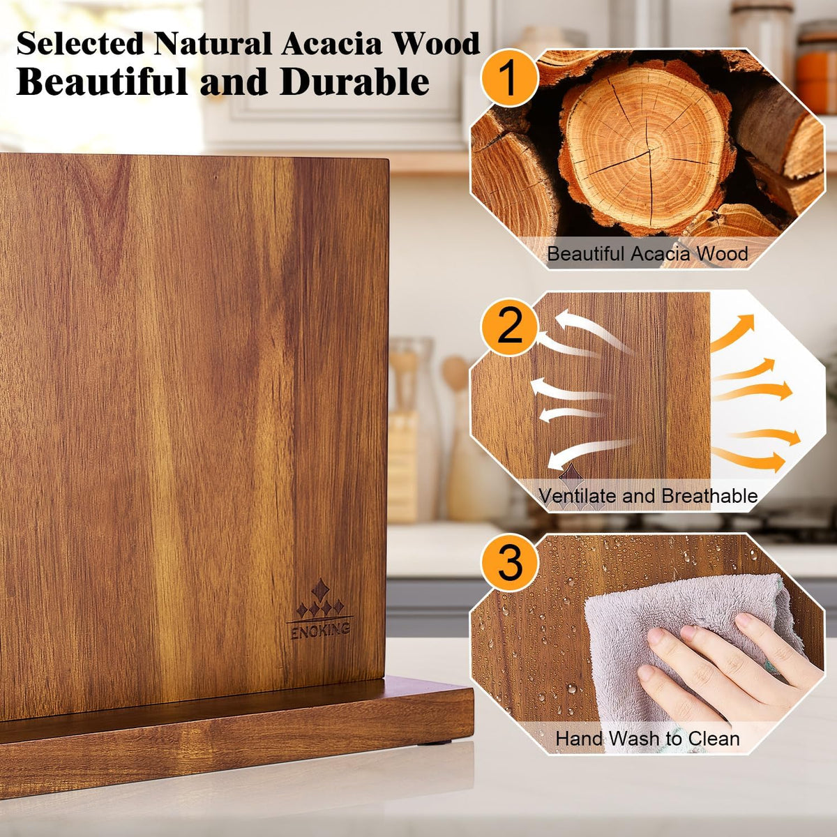 ENOKING Extra Large Magnetic Knife Block, 15.2-In Acacia Wood Knife Holder for Home Kitchen, Universal Knife Holder Stand with Strong Enhanced Magnets for Safe and Multifunctional Knife Storage