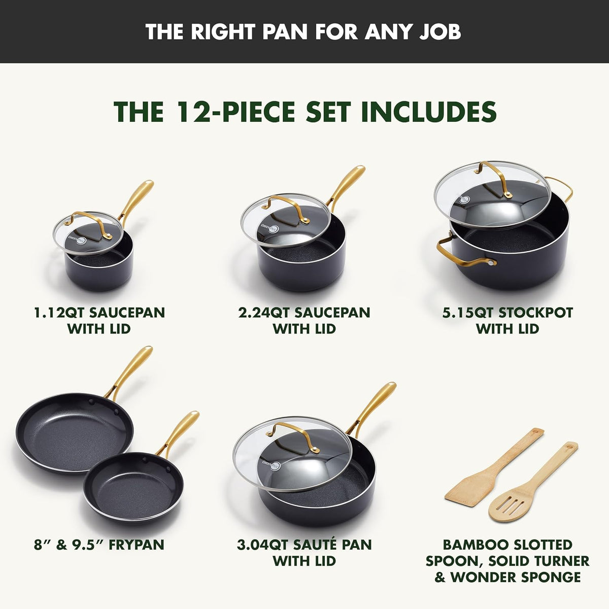 GreenPan 12 Piece Nonstick Swift Cookware Set, Ceramic PFAS-Free Pots & Pans with Lids, Dishwasher & Oven/Broiler Safe to 600F, Kitchen Cooking Set, Sauce, Saute, Stock, Frying Pans, Black/Gold