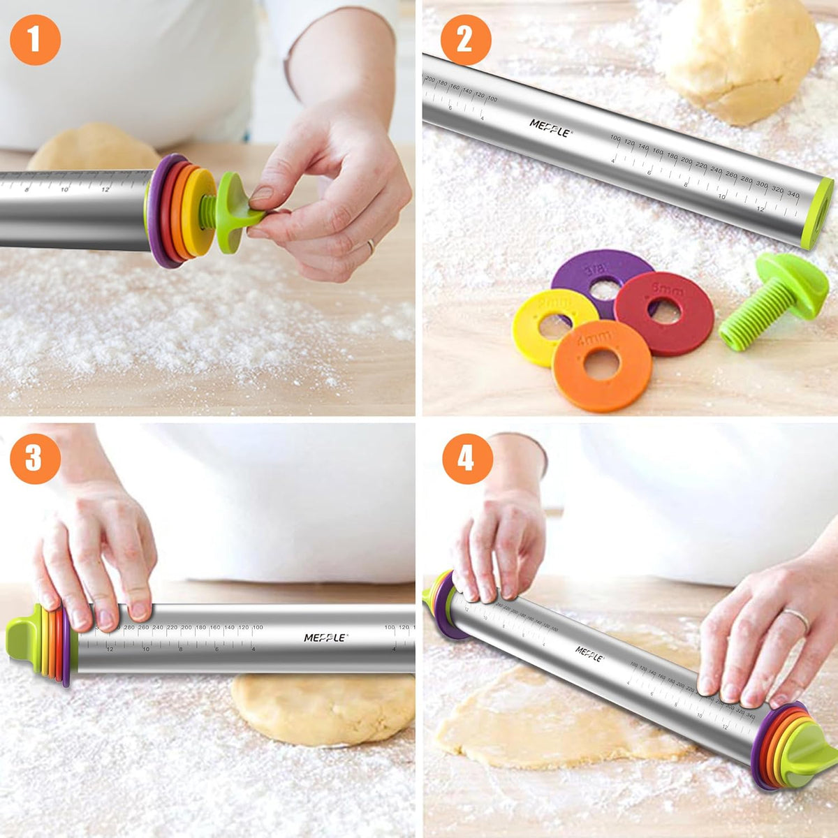 Stainless Steel Rolling Pin with Thickness Rings and Pastry Baking Mat, 13.6" Adjustable Rolling Pin Dough Roller for Baking Cookie Pizza, Comes with Large Silicone Pastry Mat and Wooden Stand