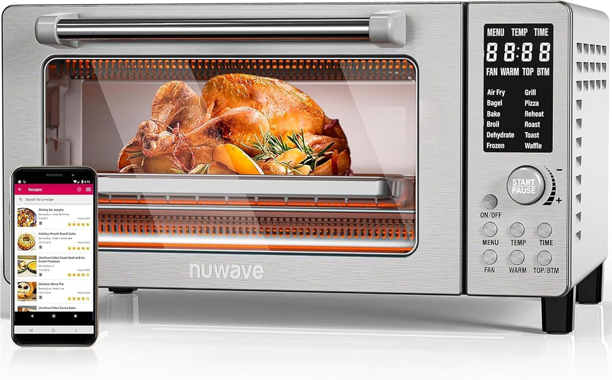 Nuwave Bravo Air Fryer Toaster Smart Oven, 10-in-1 Countertop Convection, 1800 Watts, 21-Qt Capacity, 50°-450°F Temp Controls, Top and Bottom Heater Adjustments 0%-100%, PFAS Free, Stainless Steel