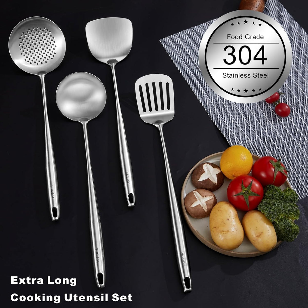 Wok Utensils Tools for Carbon Steel, Stainless Steel Wok Spatula Set, 4-Pieces 17inch Extra Long, Metal Heat Resistant Handle, Skimmer, Soup Ladle, Slotted Turner, Ideal for Gift