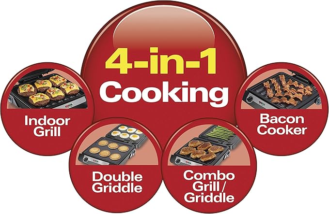 Hamilton Beach 4-in-1 Indoor Grill & Electric Griddle Combo with Bacon Cooker, Opens Flat to Double Cooking Surface, Removable Nonstick Plates, Black & Silver (25601)