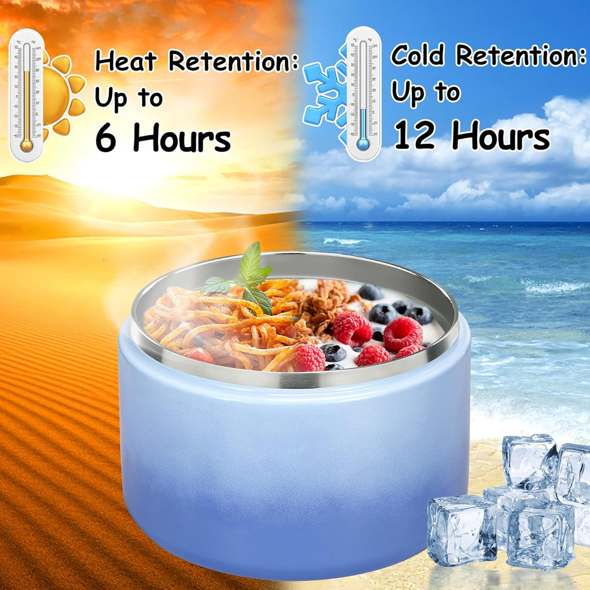 12oz Insulated Vacuum Food Jar with Buckle Lid Wide Mouth Soup Thermo for Hot Food Kids Leakproof Stainless Steel Lunch Container (Gradient Blue, 12OZ)