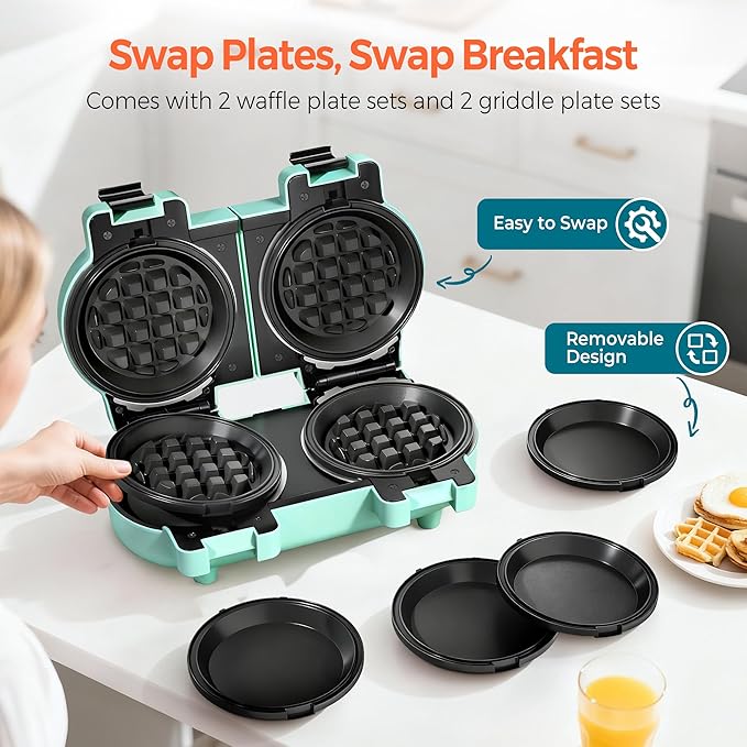 2-in-1 Double Waffle & Pancake Maker - CACHOO Mini 4" Nonstick Waffle Iron & Small Round Griddle with 4 Removable Plate Sets, Dishwasher Safe, Perfect for Small Spaces, Apartments & Dorms, Aqua