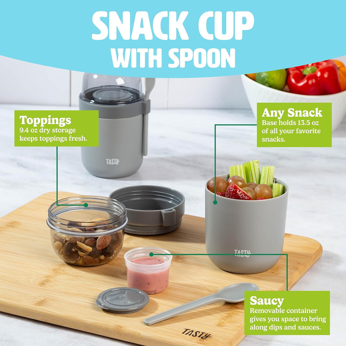 Tasty Travel Snack Cups with Spoons, On-The-Go Snacking, Divided Compartments, Great for Nuts, Cereal, Granola, Yogurt and More, Made Without BPA, 2-Pack, Gray