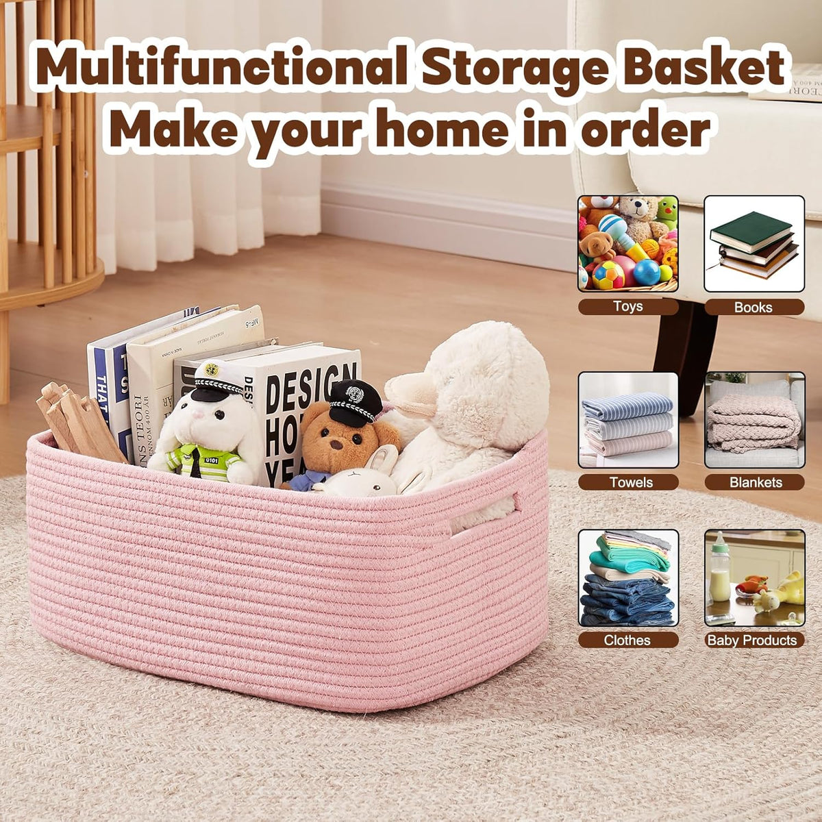OIAHOMY Storage Basket for Shelves, Closet Cube Storage Bins Baskets for Clothes Blanket Towels, Baby Nursery, Toy Baskets Box, Woven Rope Basket, 15.75*11.81*7.09 IN, 2 Packs Pink