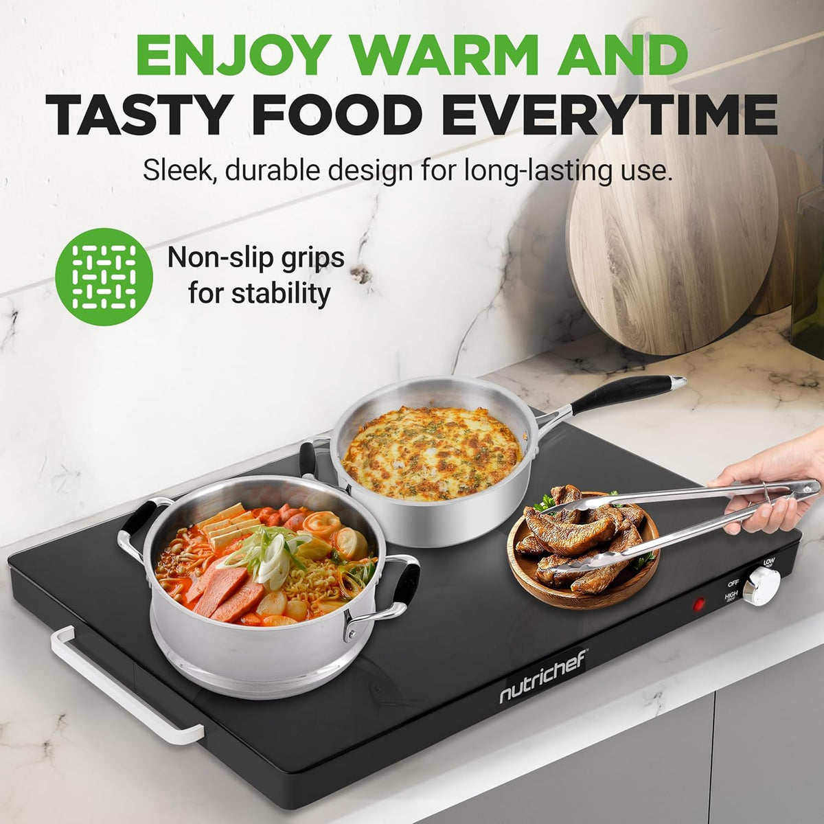 NutriChef Electric Warming Tray | Glass Surface Hot Serving Tray | Adjustable Temperature 140°F to 230°F | Energy Efficient & Space Saving | Perfect for Buffets,Parties & More | 21.2 x 16.5 IN | Black