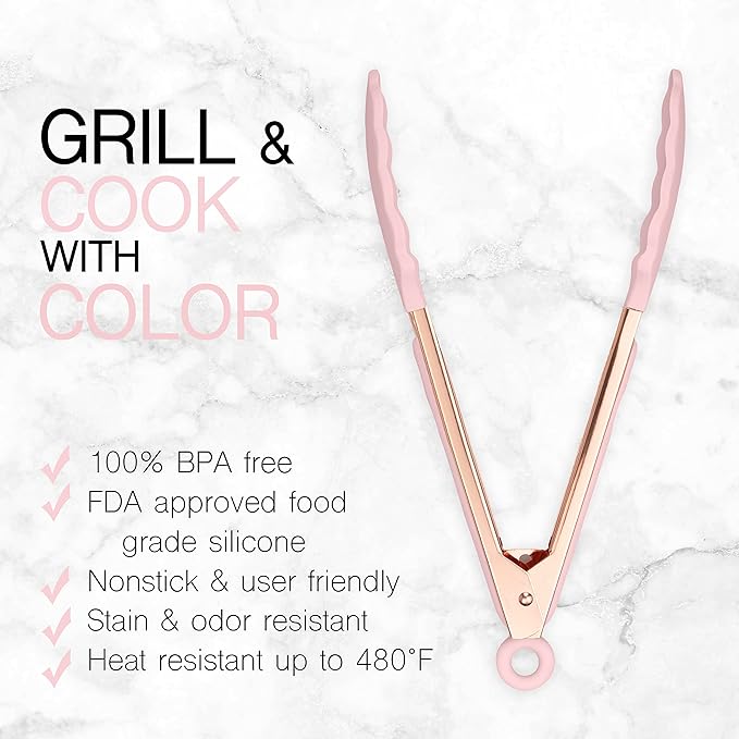 COOK WITH COLOR Stainless Steel Silicone Tipped Kitchen & BBQ Tongs Set, 2 Pc Tongs, Pink