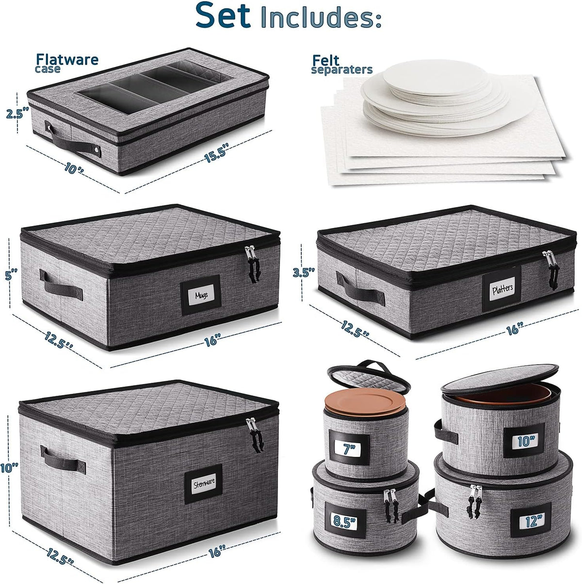 STORAGEBUD China Storage Containers Hard Shell, 8 Piece Flatware & Utensil with Mug Storage, Wine Glass 4 Dish Platter Case, Padded Dinnerware Containers, (sb-hds-09)