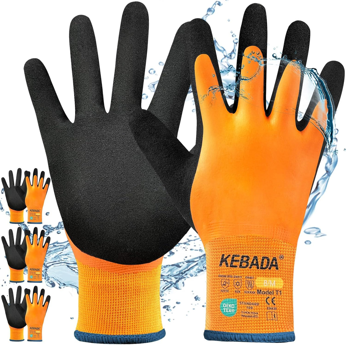 Kebada T1 3 Pairs Waterproof Winter Work Gloves for Men and Women, Warm Work Gloves for Cold Weather, Thermal Insulated Freezer Gloves, 100% Latex Coating & Super Grip, Unisex, X-Large