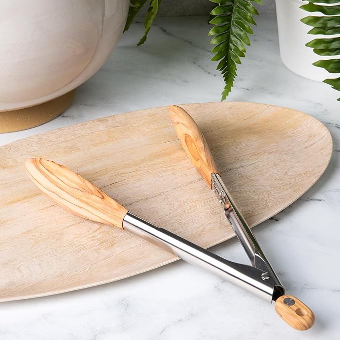 Salt & York Wooden Tongs Kitchen Long handle with non-Slip Grip for Cooking, Salad, Serving Food, Grilling - 11 Inch - Set of 1 (Olive)