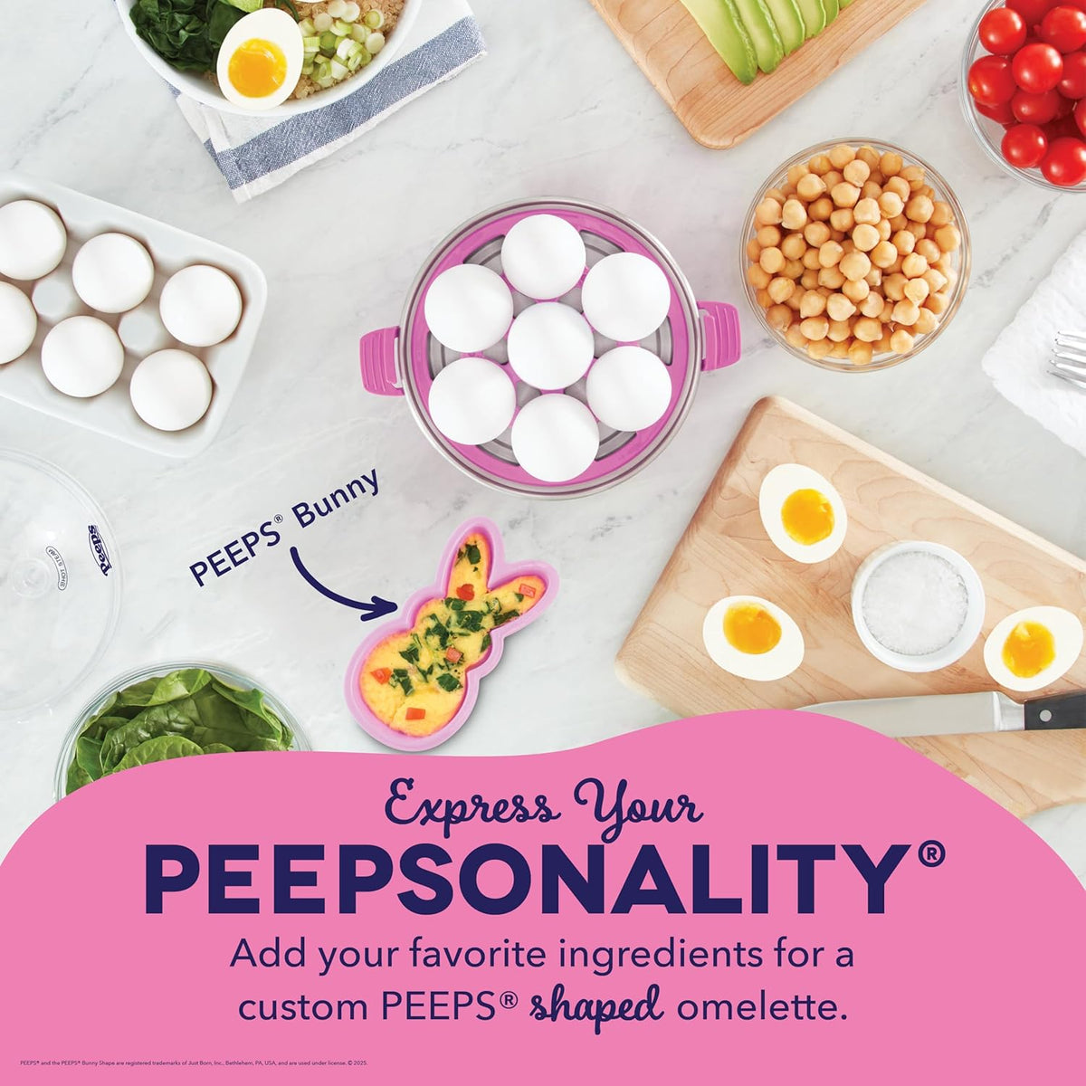 PEEPS x Dash Bunny Rapid Egg Cooker: 7 Egg Capacity Electric Egg Cooker for Hard Boiled Eggs, Poached Eggs, Scrambled Eggs, or Omelets with Auto Shut off Feature - Pink