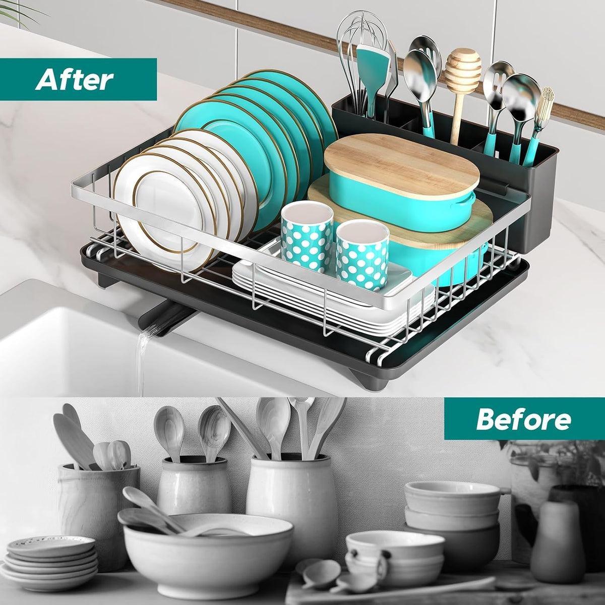MERRYBOX Stainless Steel Dish Drying Rack for Kitchen Counter Sink，Rustproof Stainless Steel Dish Rack with Large 3-Compartment Utensil Holder