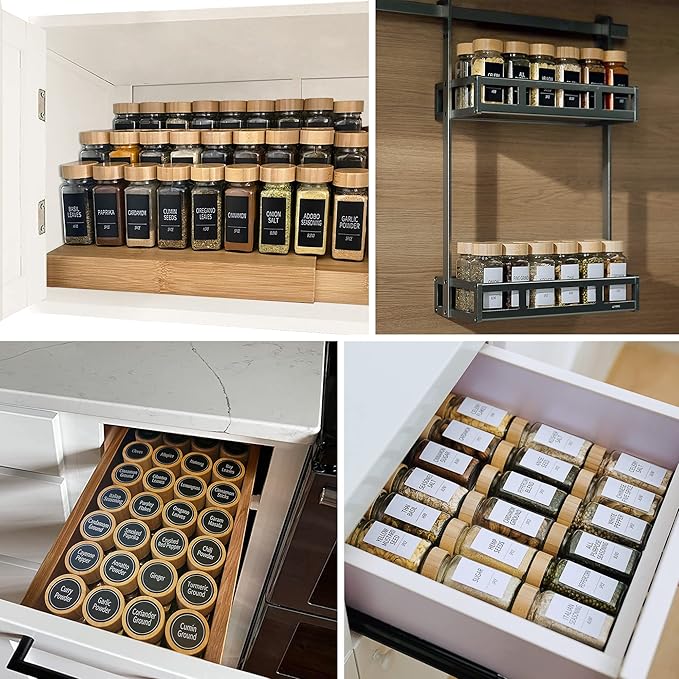Churboro 36 Spice Jars with Labels- Spice Jars with Bamboo Lids - 4 Oz Glass Spice Containers with Shaker Lids, 547 Spice Labels of 3 Different Types Seasoning Jars for Spice Rack, Cabinet, or Drawer