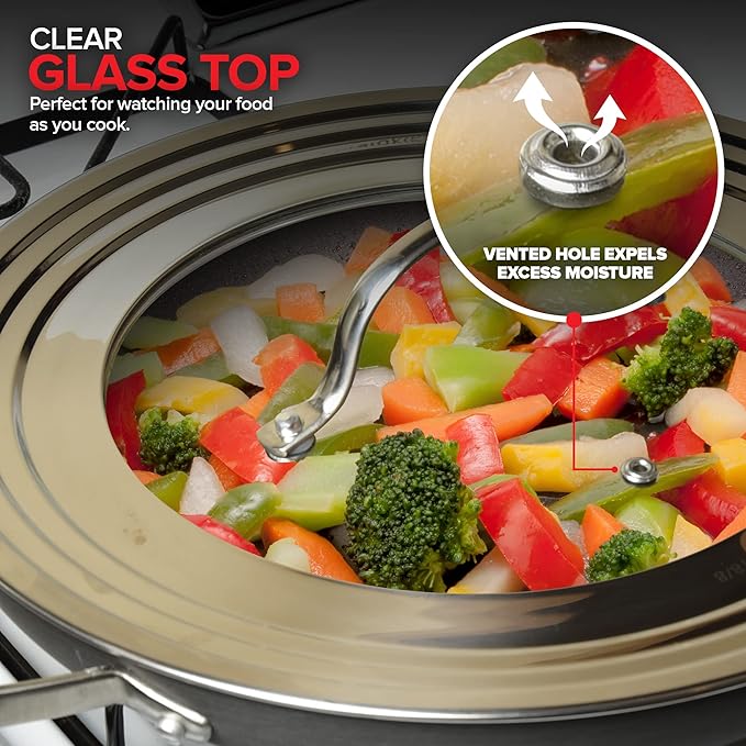 Modern Innovations Universal Lid with Tempered Glass Top for Pots & Pans, Fits 8.25, 9, 10, 11, and 12 Inch Cookware - Large Replacement Frying Pan Cover, Cast Iron Skillet Lids - Stainless Steel
