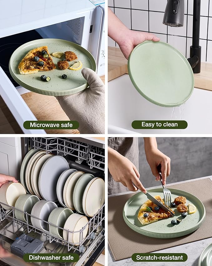 Famiware Star Dinnerware Set, Plates and Bowls Sets for 8 (24pcs), Ribbed Stoneware Dishes - Chip & Scratch Resistant, Microwave & Dishwasher Safe, Matte Sage Green