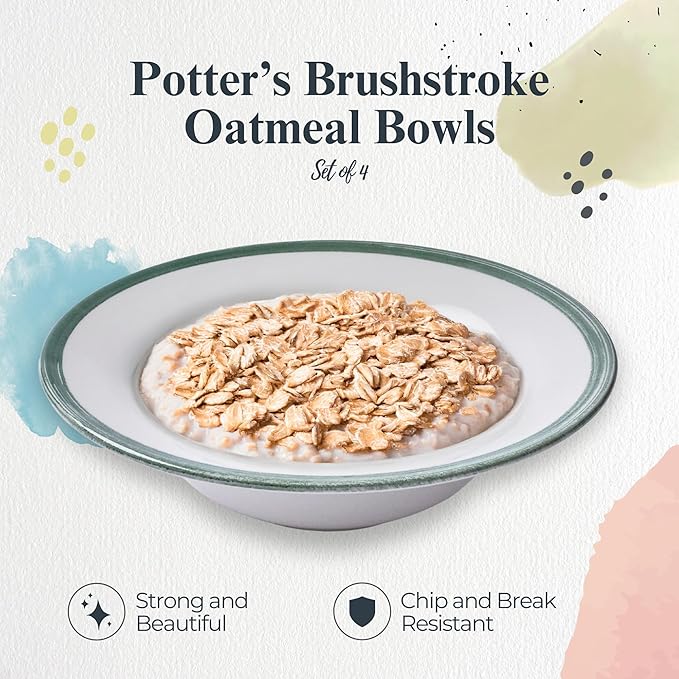 Portmeirion Potter's Brushstroke Oatmeal Bowl (Set of 4) - Ideal for Porridge, Soup, Desserts - Microwave & Dishwasher Safe Earthenware Bowls, Durable Dishware Collection - Made in UK (Green)