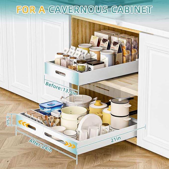 HBL' 1 Pack | 21" Deep Pull Out Cabinet Organizer Adhesive, (13.8" to 22.0") Width Expandable Sturdy Carbon Steel Roll-Out Drawers for Face Frame or Frameless Cabinets,Slide-Out Shelves for Pantry.