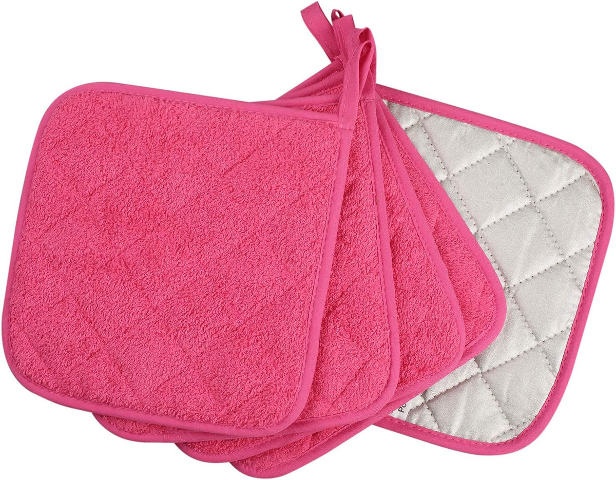 100% Cotton Kitchen Everyday Basic Terry Pot Holder Heat Resistant Coaster Potholder for Cooking and Baking Set of 5 (Dark Pink, Potholder)