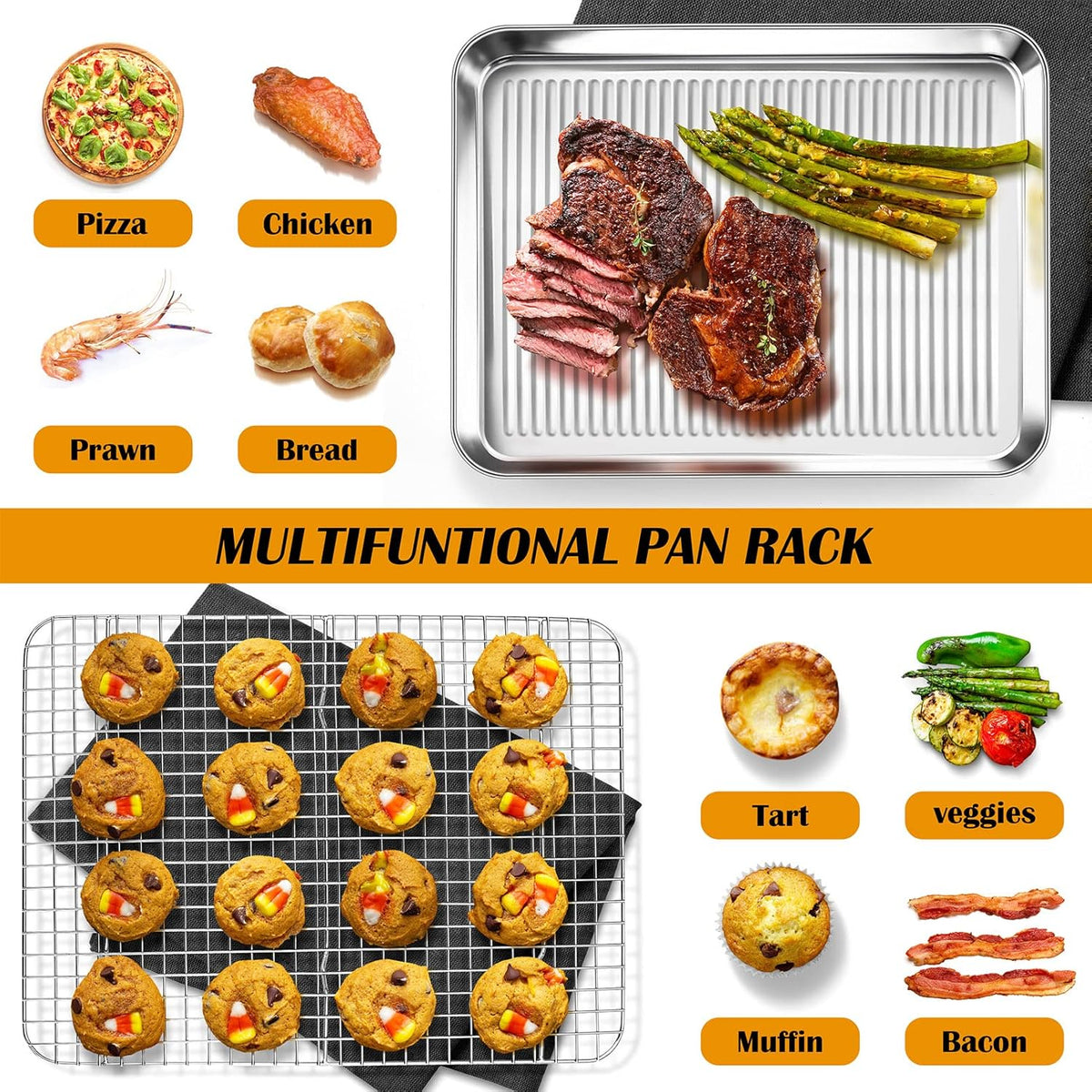 P&P CHEF Baking Oven Pan with Wire Rack, Stainless Steel Baking Oven Sheet Tray, Bacon Pan and Cooling Rack for Cooking Roasting Cookie, Dishwasher Safe & Easy Clean, 16 x 12 x 1 Inch